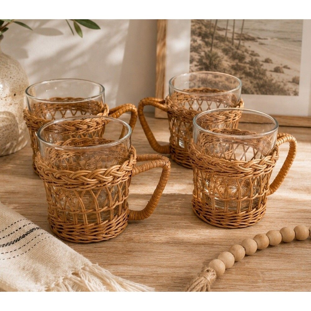Vintage Libbey Rattan Wicker Glass Cups & Holders Set of 4 Boho Tiki Bar Mugs